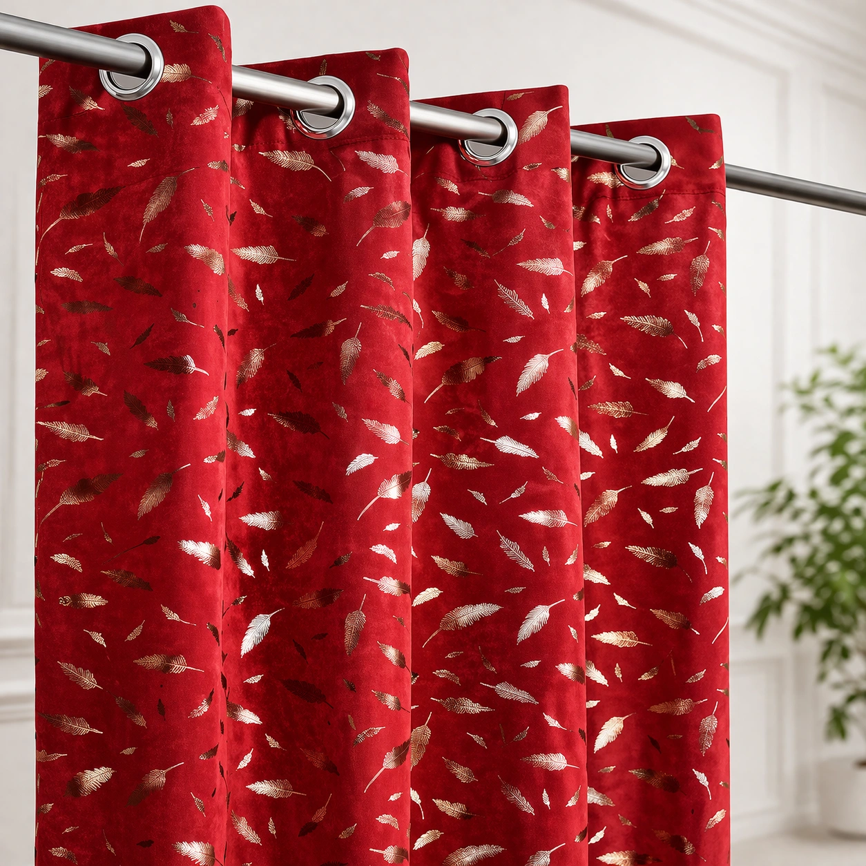 Elegant Velvet Foil Leaf Curtains for Living Room – Set of 2