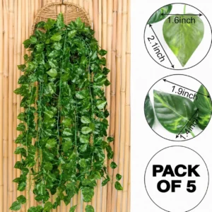 Artificial Money Plant Hanging Garland – Set of 5 Strings 7 Ft Green Leaf Vine Creeper for Home, Balcony & Wall Decor