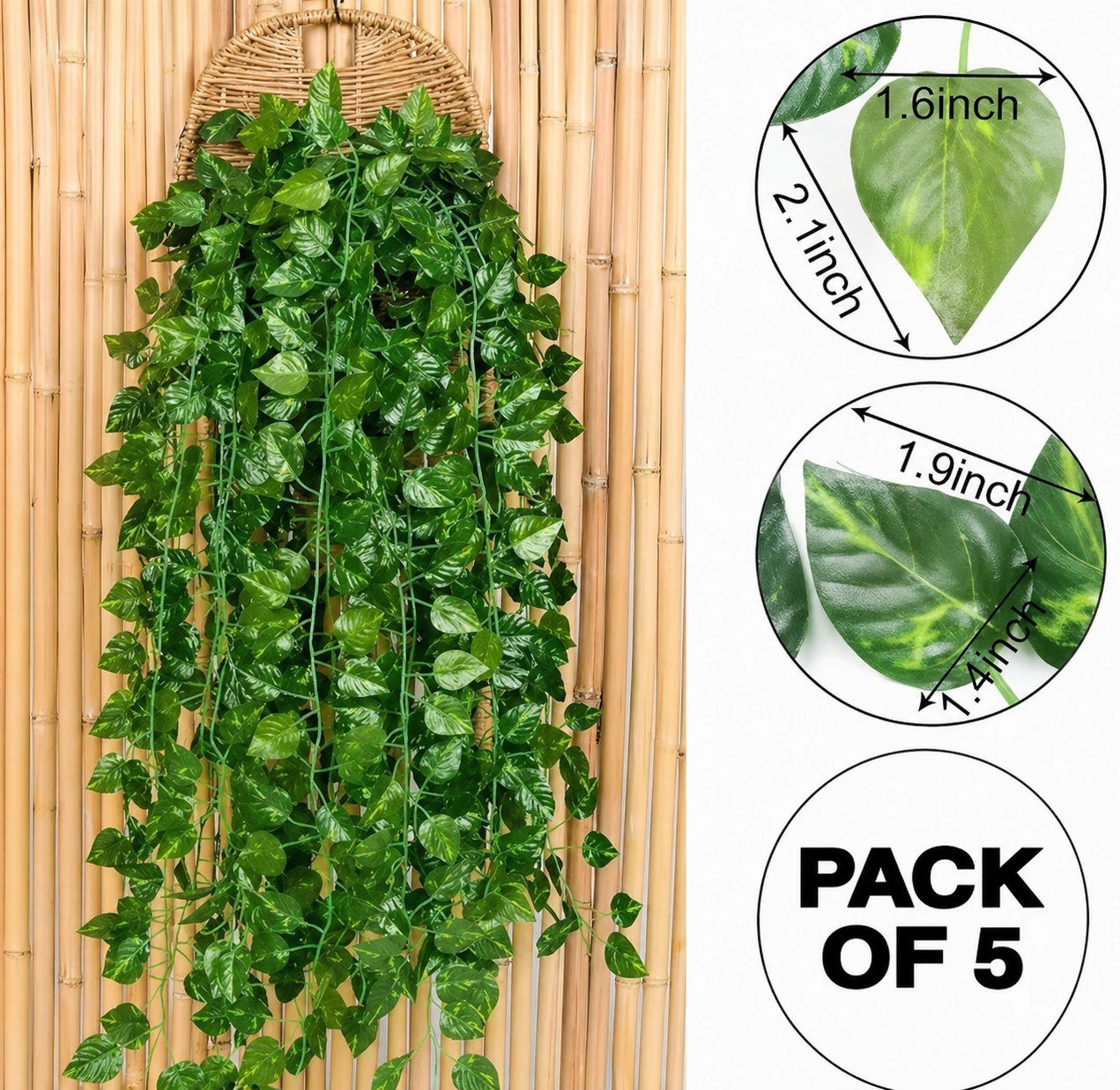 Artificial Money Plant Hanging Garland – Set of 5 Strings 7 Ft Green Leaf Vine Creeper for Home, Balcony & Wall Decor