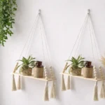 Boho Macrame Wall Hanging Shelf – Handmade Wooden Floating Shelf for Books & Planters | Living Room & Bedroom Decor | Off-White