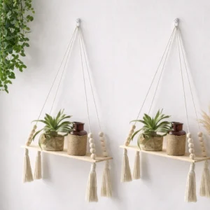 Boho Macrame Wall Hanging Shelf – Handmade Wooden Floating Shelf for Books & Planters | Living Room & Bedroom Decor | Off-White