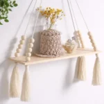 Boho Macrame Wall Hanging Shelf – Handmade Wooden Floating Shelf for Books & Planters | Living Room & Bedroom Decor | Off-White