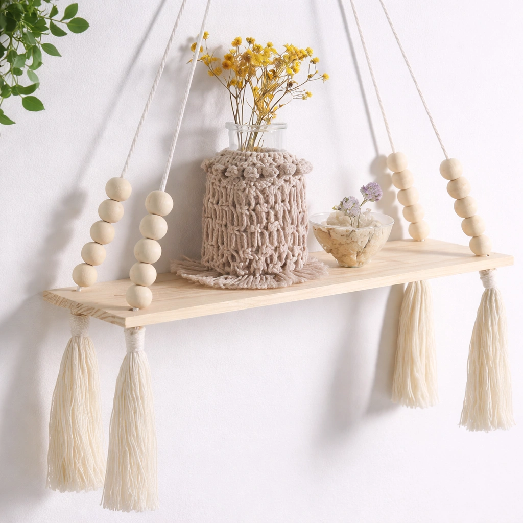 Boho Macrame Wall Hanging Shelf – Handmade Wooden Floating Shelf for Books & Planters | Living Room & Bedroom Decor | Off-White