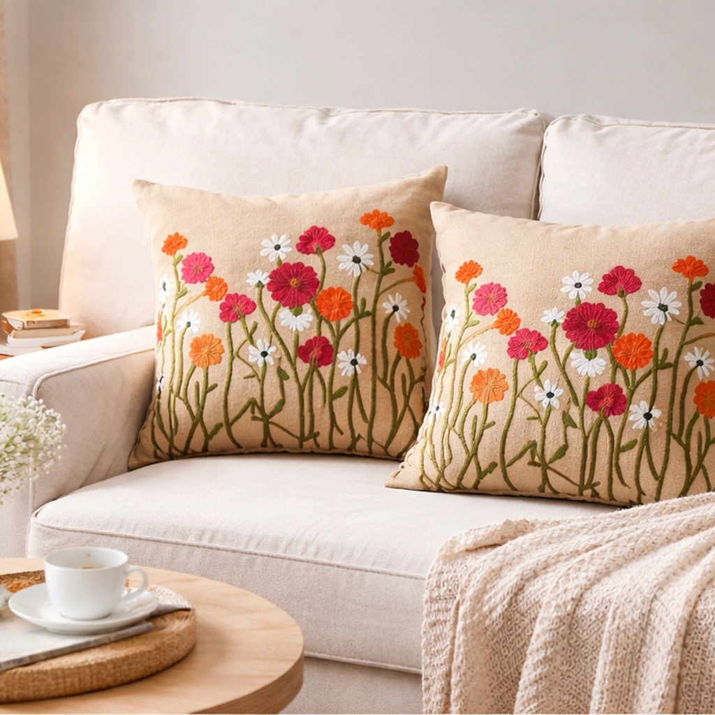 Elegant Satin Cushion Covers with Aari Embroidery – Floral Designer Set (16x16 Inch, Set of 2)