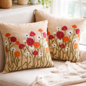 Elegant Satin Cushion Covers with Aari Embroidery – Floral Designer Set (16x16 Inch, Set of 2)
