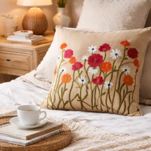 Elegant Satin Cushion Covers with Aari Embroidery – Floral Designer Set (16x16 Inch, Set of 2)
