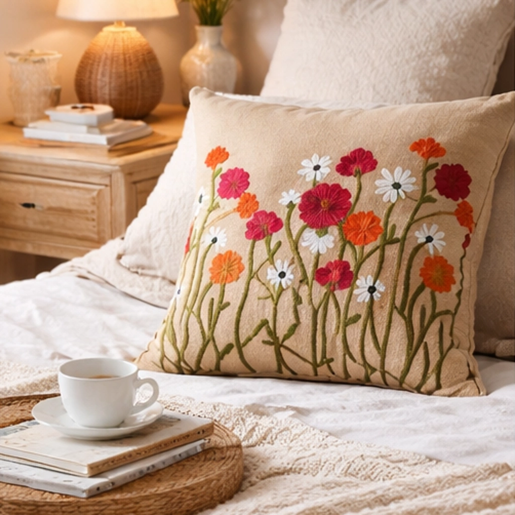 Elegant Satin Cushion Covers with Aari Embroidery – Floral Designer Set (16x16 Inch, Set of 2)