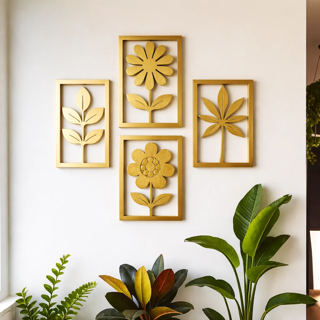Gold Flower CNC Wooden Wall Art – Set of 4 Decorative Wall Decor for Living Room & Bedroom