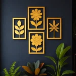 Gold Flower CNC Wooden Wall Art – Set of 4 Decorative Wall Decor for Living Room & Bedroom