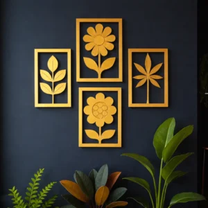 Gold Flower CNC Wooden Wall Art – Set of 4 Decorative Wall Decor for Living Room & Bedroom
