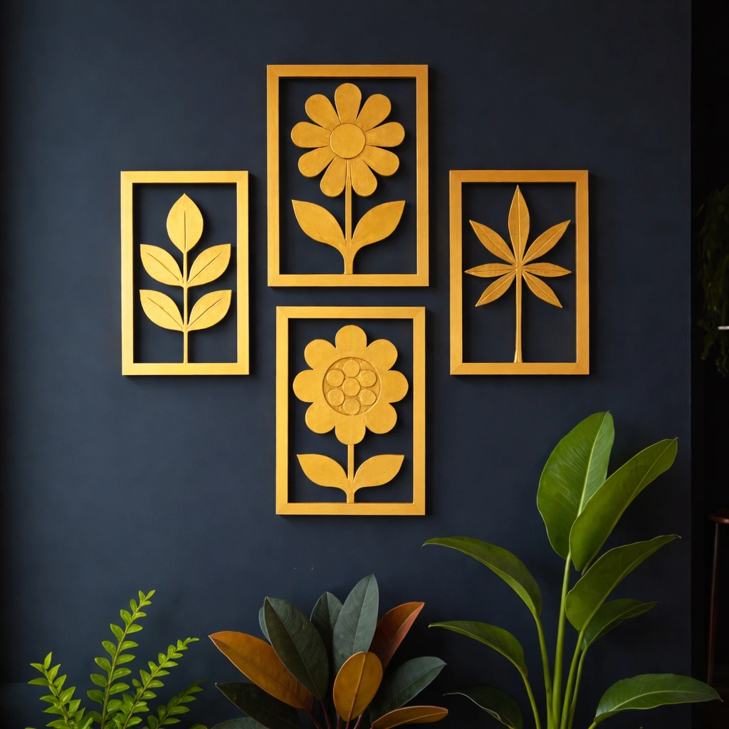 Gold Flower CNC Wooden Wall Art – Set of 4 Decorative Wall Decor for Living Room & Bedroom