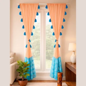 Homyra Decor Peach Sheer Curtains with Turquoise Tassels & Layered Hem – Boho Window Drapes for Living Room & Bedroom