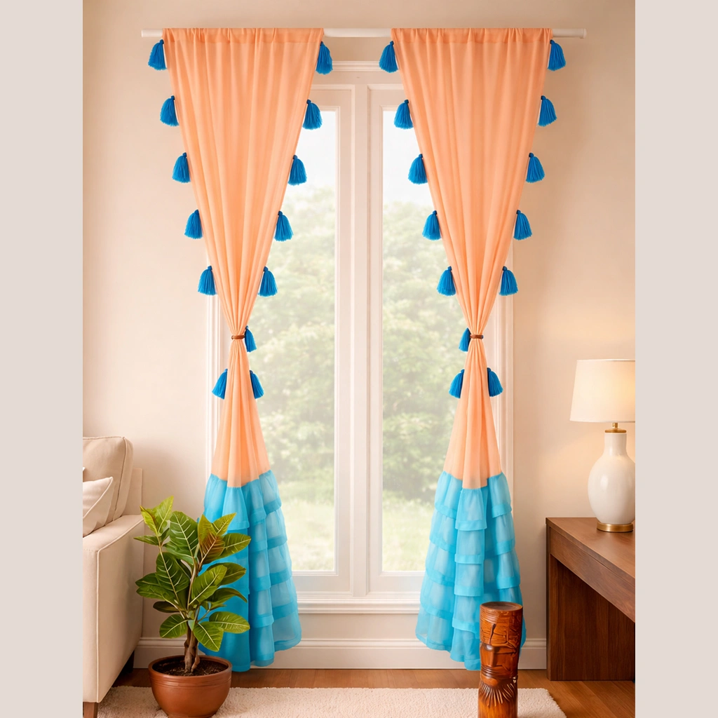 Homyra Decor Peach Sheer Curtains with Turquoise Tassels & Layered Hem – Boho Window Drapes for Living Room & Bedroom