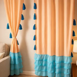 Homyra Decor Peach Sheer Curtains with Turquoise Tassels & Layered Hem – Boho Window Drapes for Living Room & Bedroom