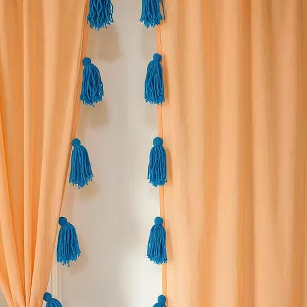Homyra Decor Peach Sheer Curtains with Turquoise Tassels & Layered Hem – Boho Window Drapes for Living Room & Bedroom