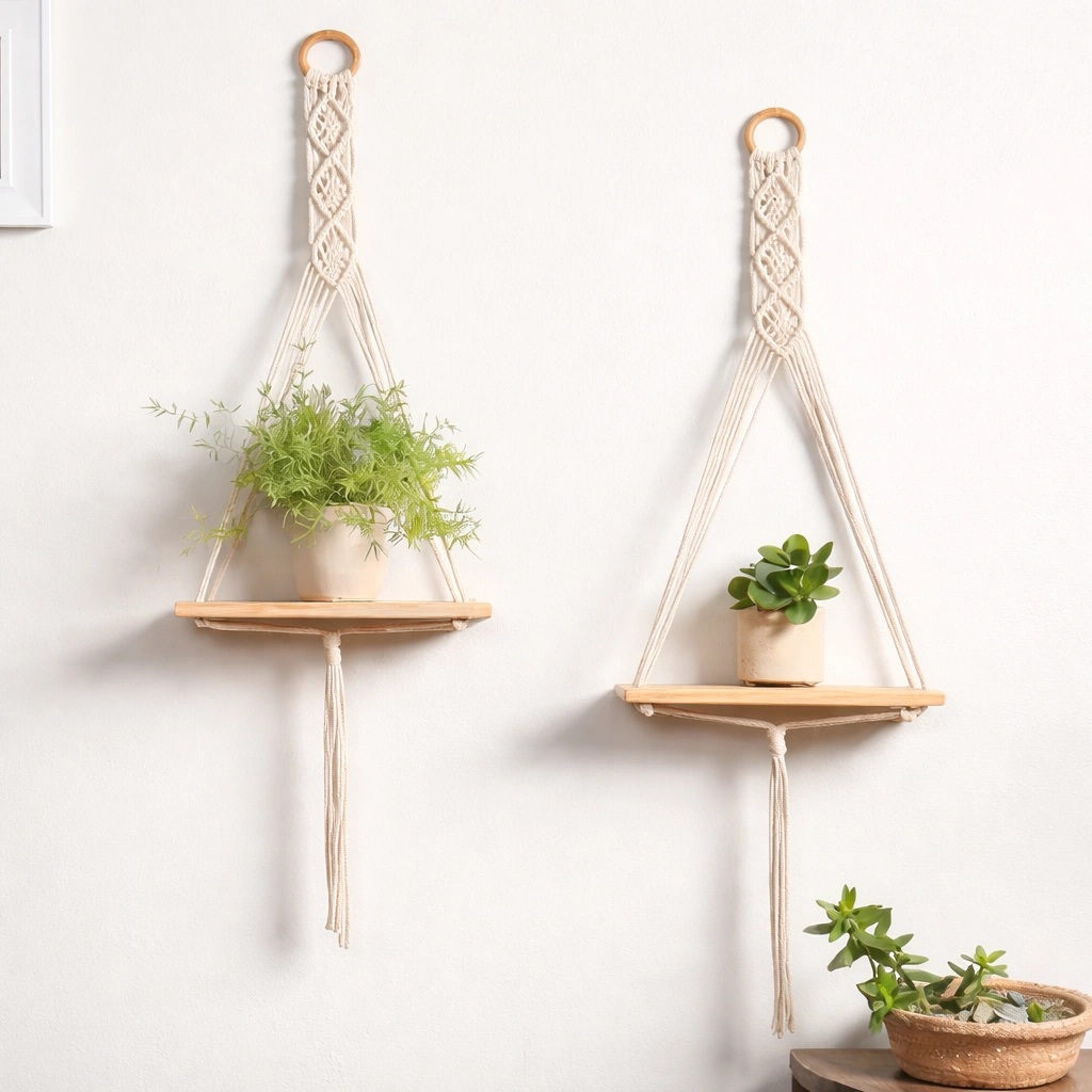 Macrame Wall Hanging Shelf – Set of 2 Boho Decorative Wall Shelves for Living Room & Bedroom Home Decor