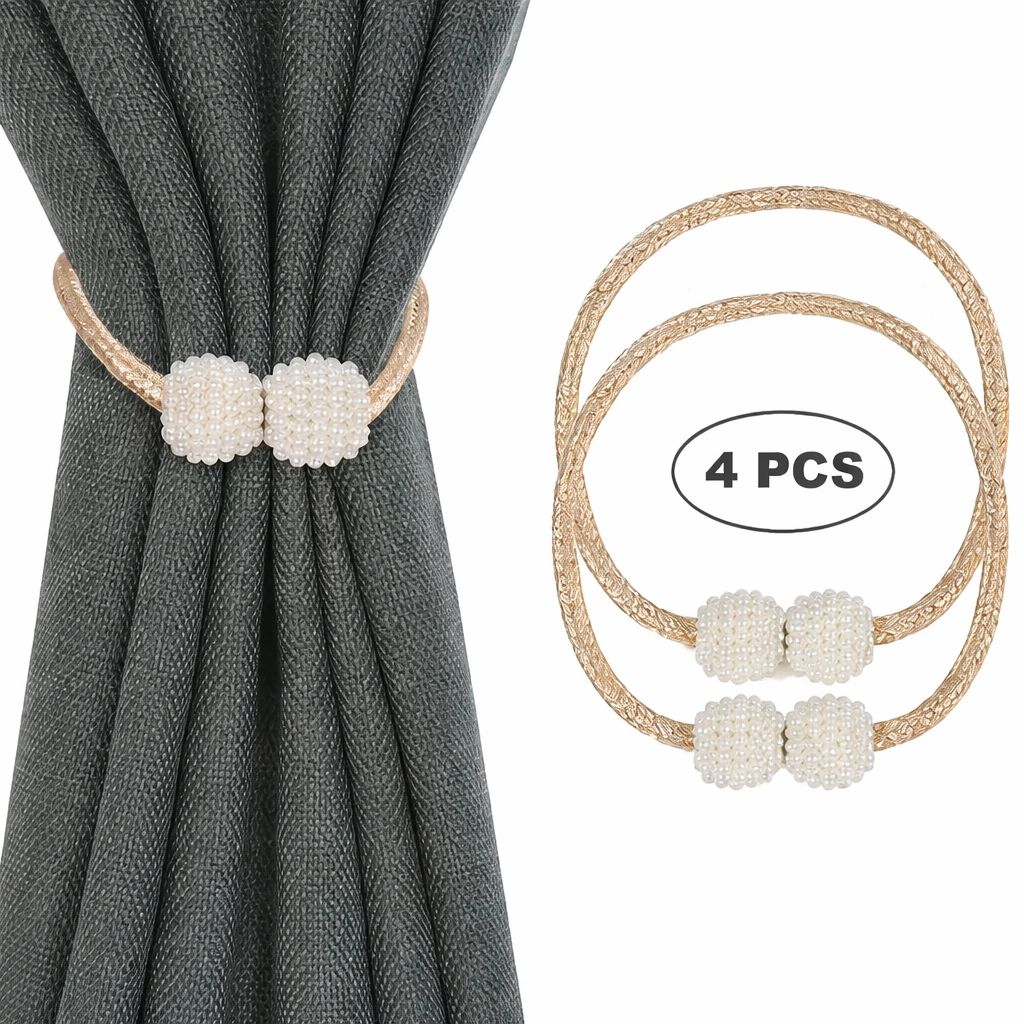 Magnetic Curtain Tiebacks – 2 Pair (4 PCS) Pearl Decorative Holdbacks for Window Drapes | Beige