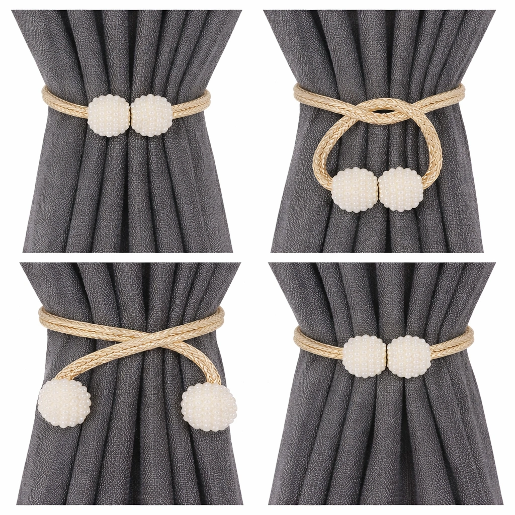 Magnetic Curtain Tiebacks – 2 Pair (4 PCS) Pearl Decorative Holdbacks for Window Drapes | Beige