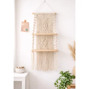 Urhan Macrame Wall Hanging Shelf – Boho Floating Wooden Shelf for Plants & Living Room Wall Decor | White