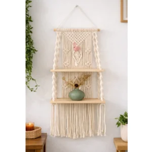 Urhan Macrame Wall Hanging Shelf – Boho Floating Wooden Shelf for Plants & Living Room Wall Decor | White