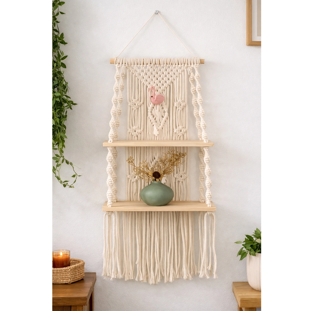 Urhan Macrame Wall Hanging Shelf – Boho Floating Wooden Shelf for Plants & Living Room Wall Decor | White