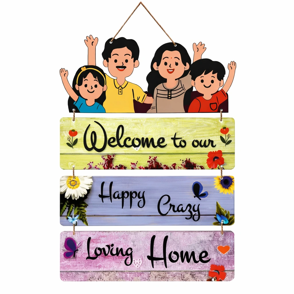 “Welcome To Our Happy Crazy Loving Home” Wooden Wall Hanging – Decorative Wall Decor for Living Room, Bedroom & Office