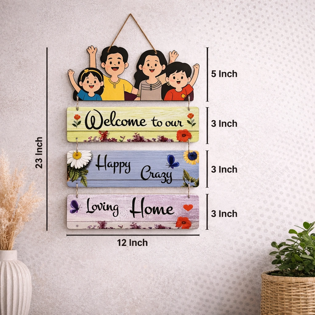 “Welcome To Our Happy Crazy Loving Home” Wooden Wall Hanging – Decorative Wall Decor for Living Room, Bedroom & Office