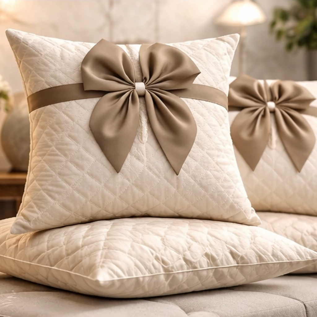 Luxe Bow Quilted Cushion Covers – Diamond Pattern, Set of 5 (40 cm)