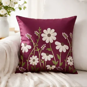 Luxury Satin Cushion Covers - Maroon Floral Embroidery (16x16 Inch, Set of 2) | Stylish Sofa Decor