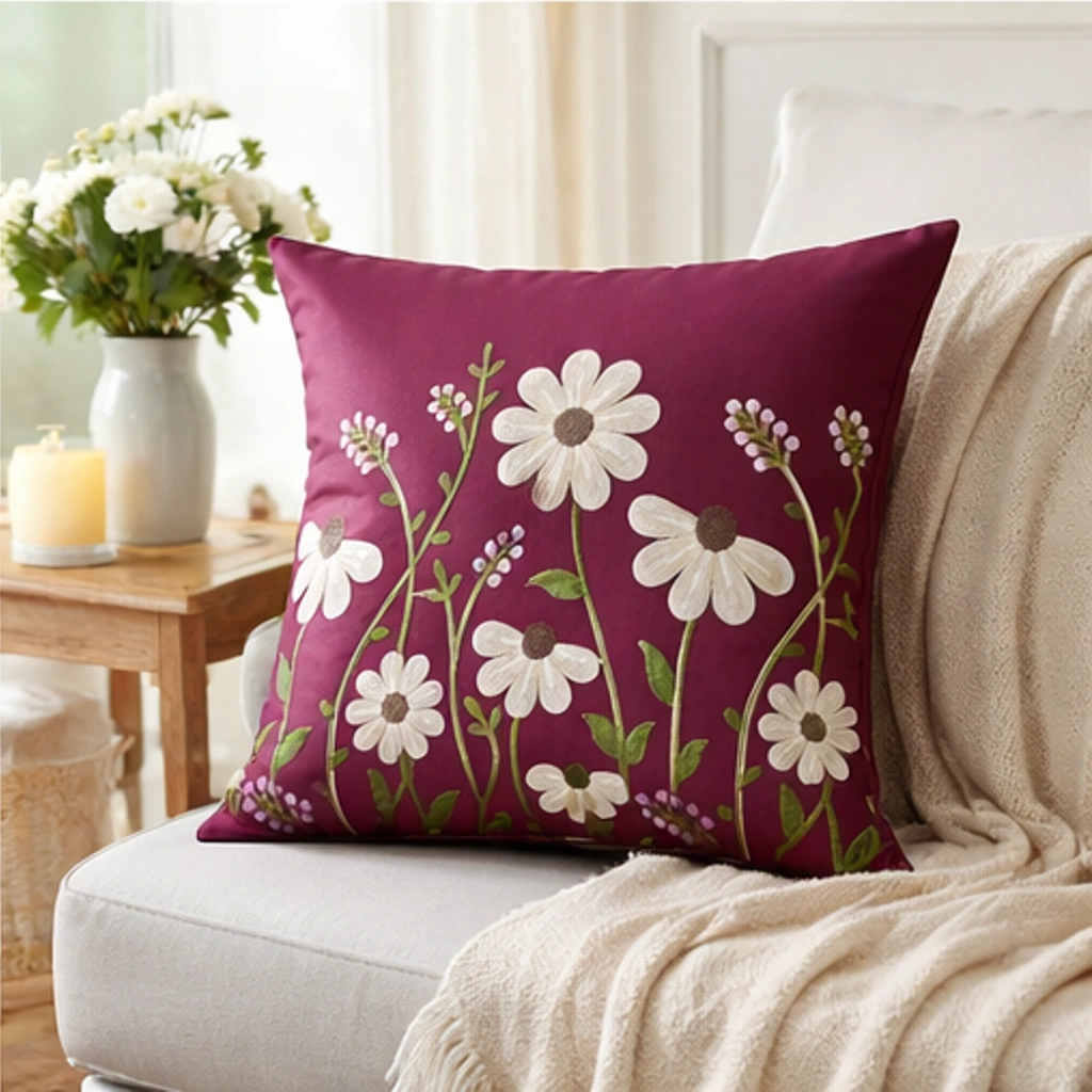 Luxury Satin Cushion Covers - Maroon Floral Embroidery (16x16 Inch, Set of 2) | Stylish Sofa Decor